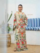 YEZWE Modest Kaftan Dress beige floral maxi dress with long sleeves and side slits worn by model